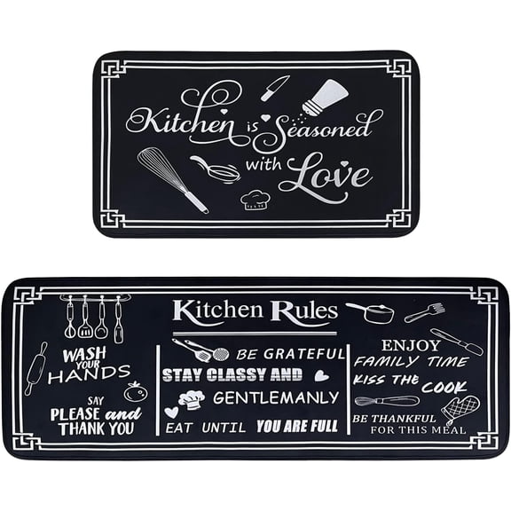 Kitchen Rug Sets of 2 Piece Non Slip Kitchen Rugs and Mats Washable Kitchen Mats for Floor Kitchen Carpet Runner Rugs Decor for Laundry Bathroom Living Room,Black Kitchen Rules