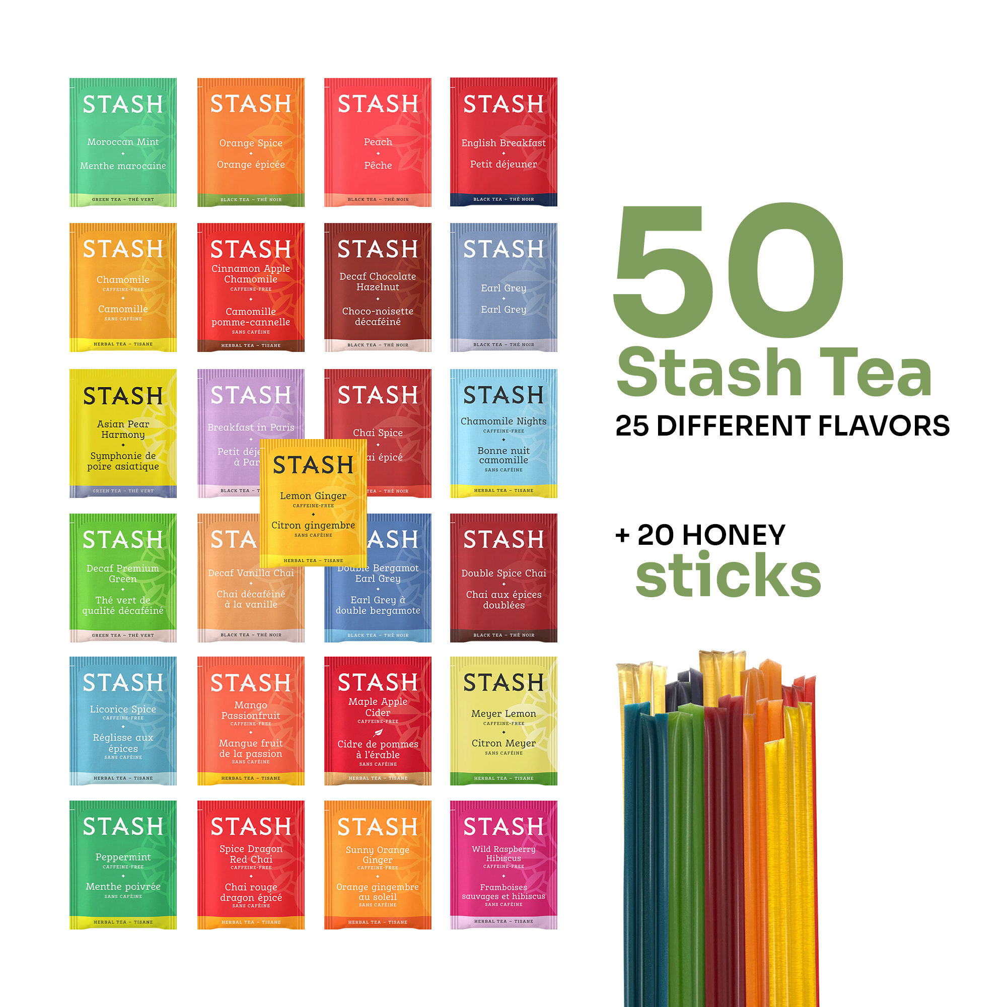 Stash Tea 50 Assorted Teas with 20 Honey Sticks, 25x2 Tea Bags, Variety Pack, Herbal Tea Sets, Tea Samplers