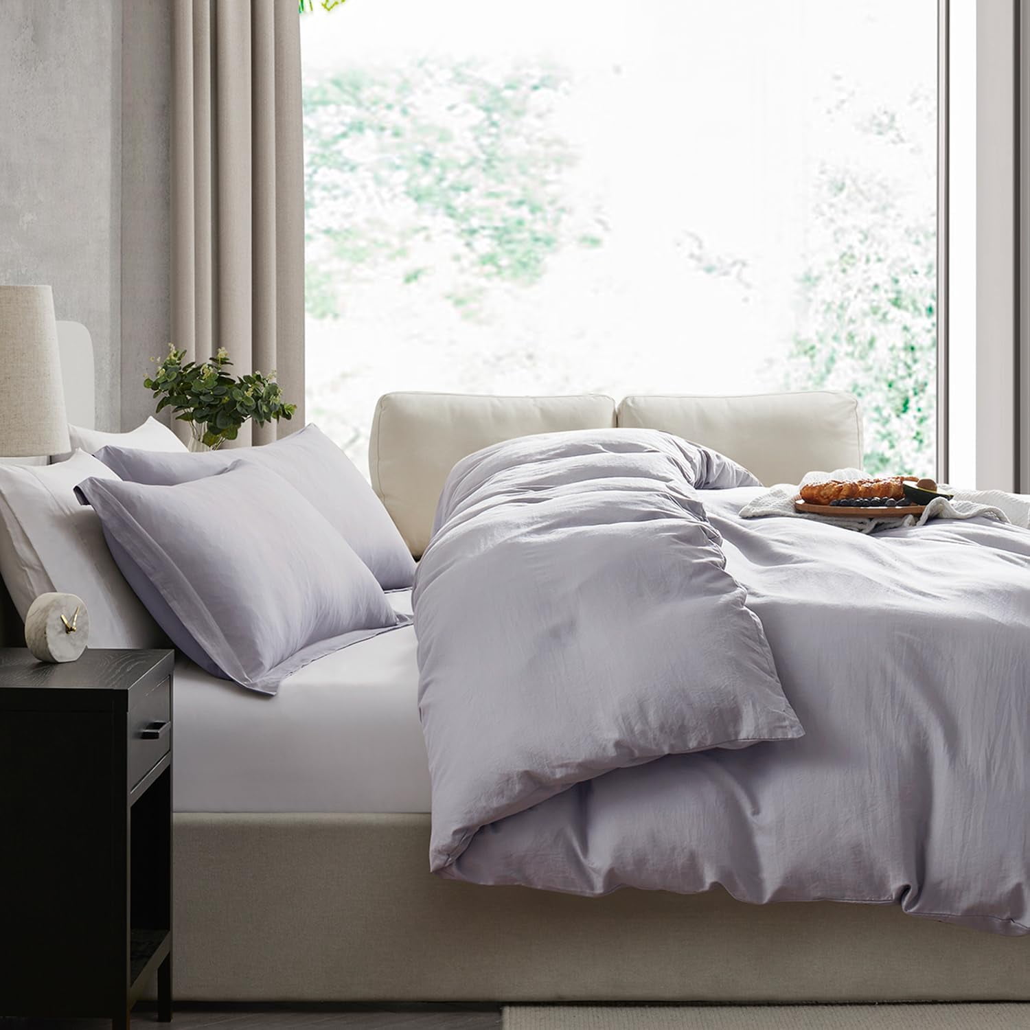 LammaLoe Duvet Cover Queen Size, Soft Prewashed 3-Piece Duvet Cover Bedding Set with Pillow Shams, Gray lavender
