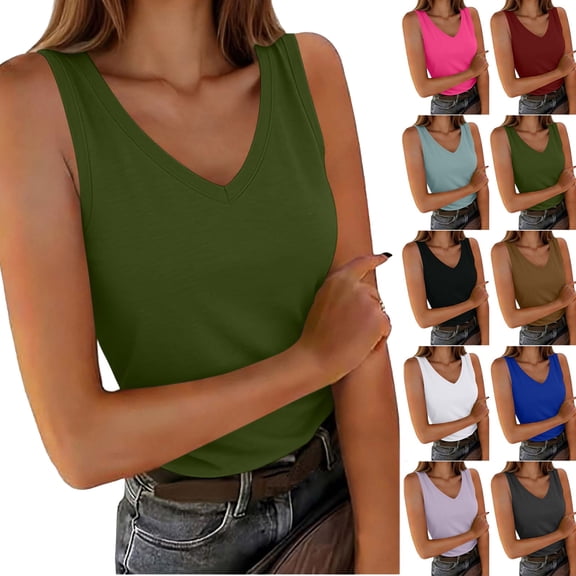 Tank Tops for Women Under $5 Women Casual Round Neck Solid Color Pullover Fitness Sports Sleeveless T Shirt Blouse Top Army Green L
