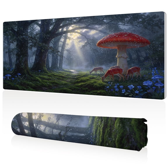 LIVEKEY XXL Mouse Pad Forest Mushroom Deer Rain 80x40cm Non Slip Durable Easy Clean Stitched Edges Full Desk Coverage for Gaming Office Use