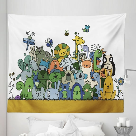 Psychedelic Cat Tapestry, Hand Drawn Illustration of Funny Animals Together Smiling Jungle Life, Fabric Wall Hanging Decor for Bedroom Living Room Dorm, 5 Sizes, Multicolor, by Ambesonne