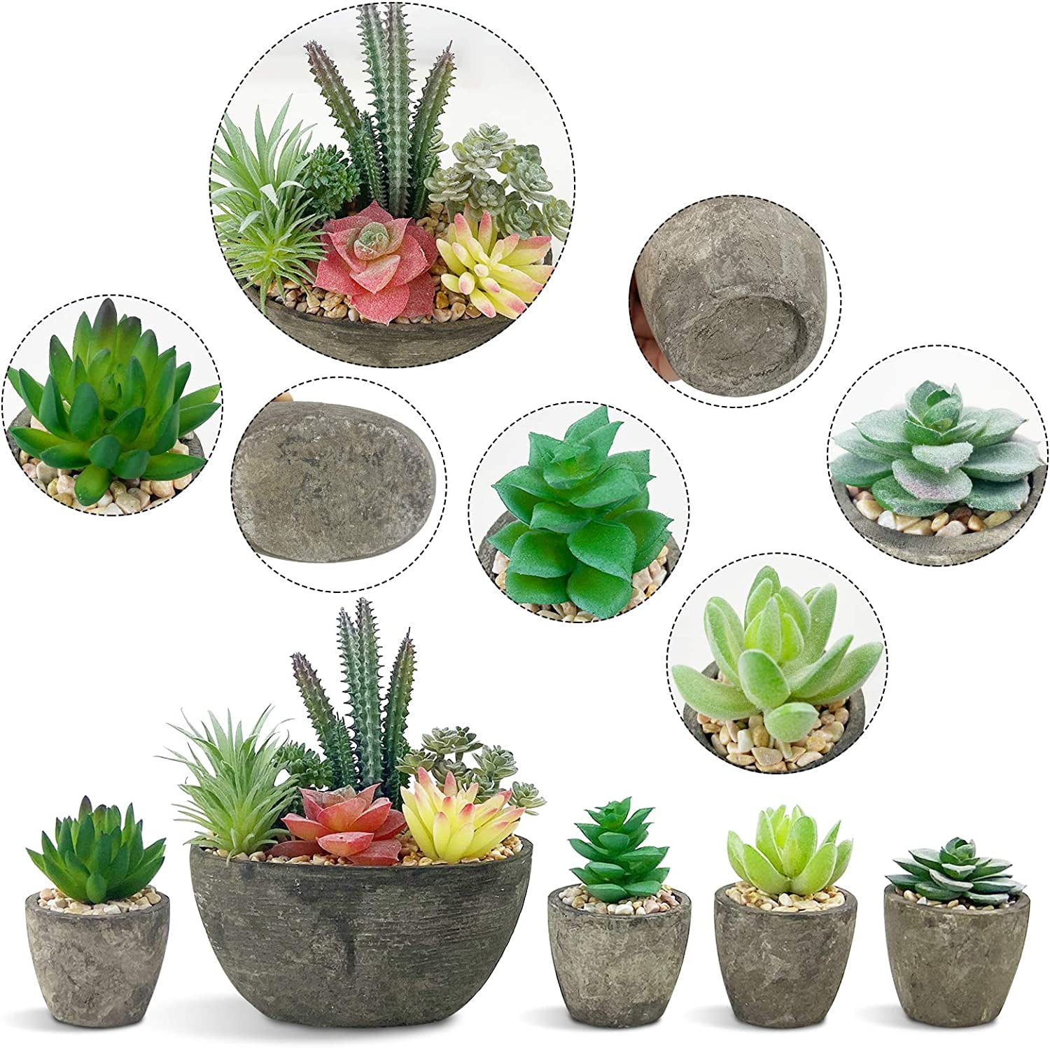 5 Pack Artificial Plant, Fake Succulent, Artificial Flowers with Cement like Pots for Home Office Decoration, Green