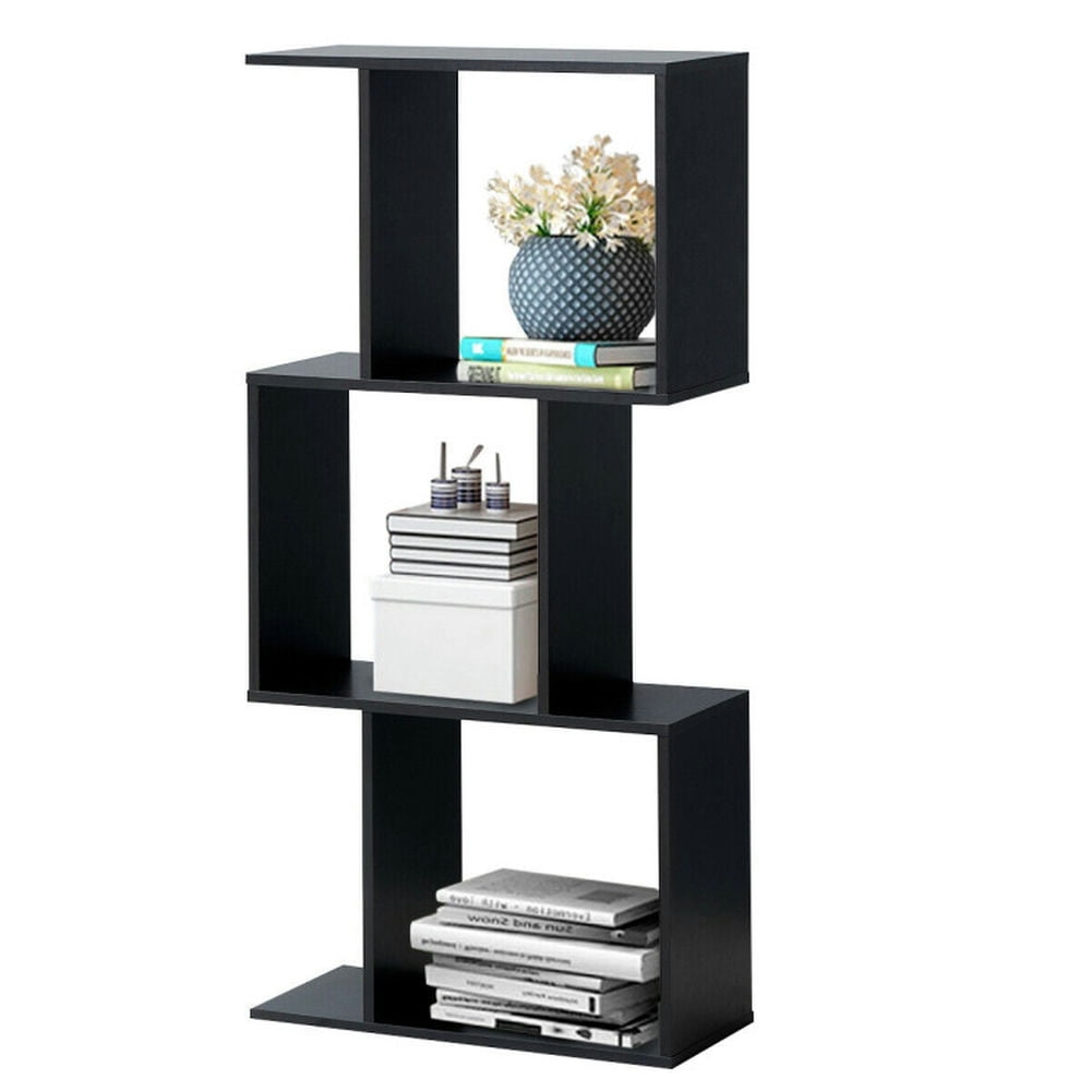 Demi Bonn 3 Tiers Wooden S-Shaped Bookcase for Living Room Bedroom Office, Freestanding Display Rack Bookshelf, Black