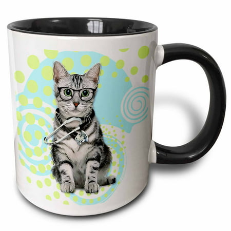 3dRose Silver Tabby Cat in Eyeglasses with a Stethoscope Doctor, Two Tone Black Mug, 11oz