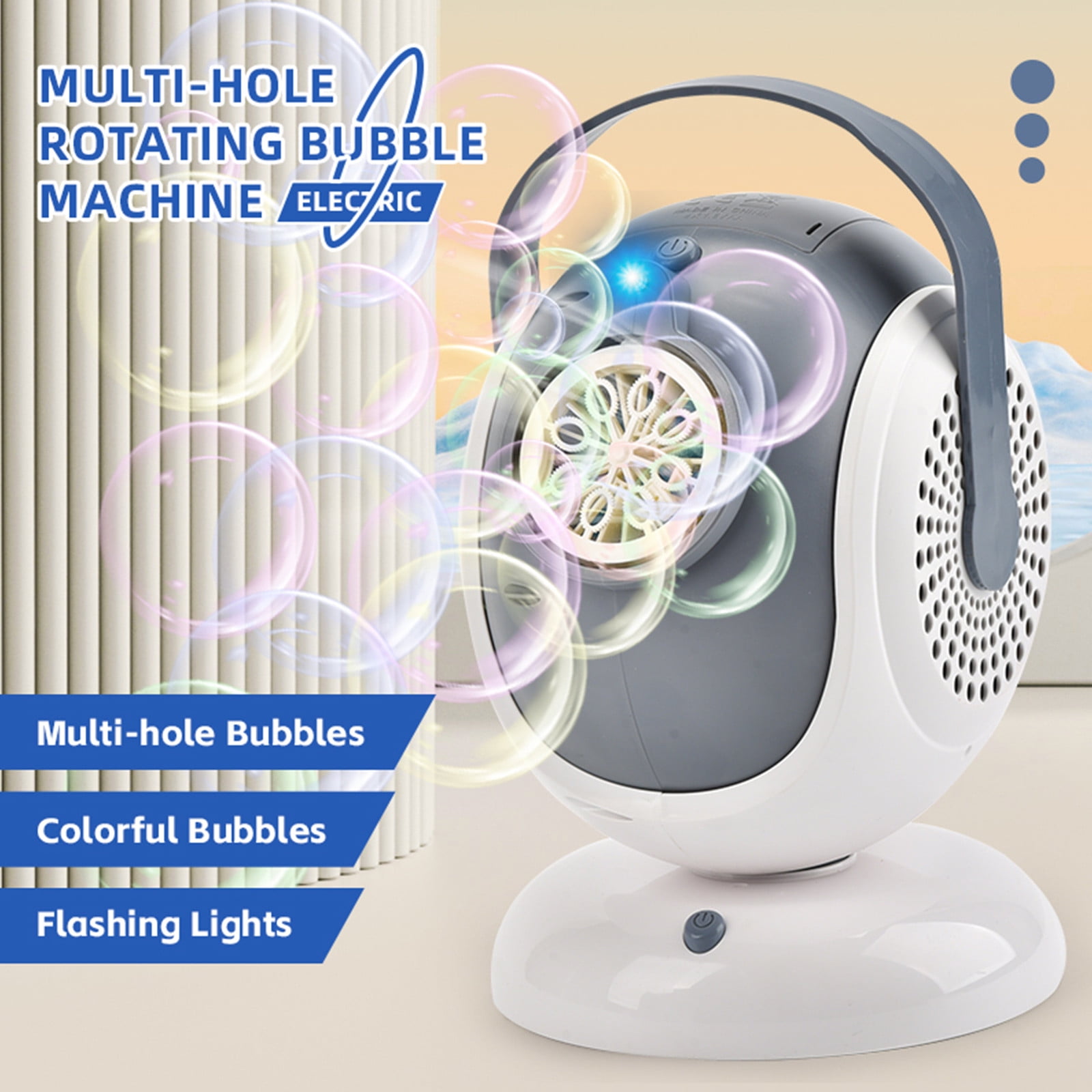 Automatic Rotating Bubble Blower, Multi Hole LED Light Bubble Machine with 360 Degree Rotation and Bubble Solution for Party Festival Outdoor Events (Gray White)