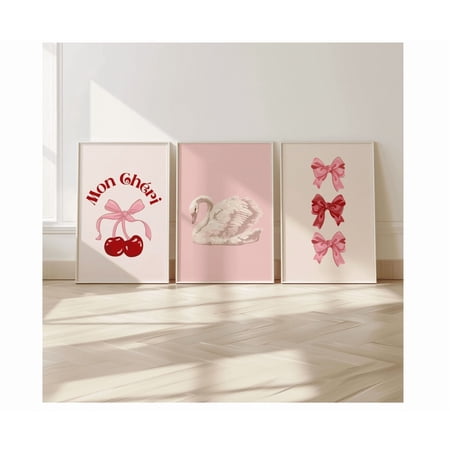Kovaa Pink Swan Poster Set, Coquette Gallery Wall Room Decor Set 3 Unframed Paper Print 8x12
