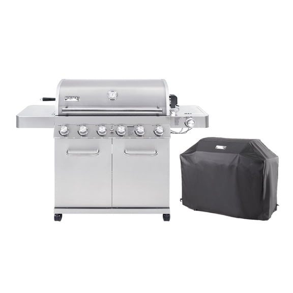 Monument Grills 6-Burner Propane Gas Stainless Grill with LED Controls, Side Burner, Rotisserie Kit, and Grill Cover