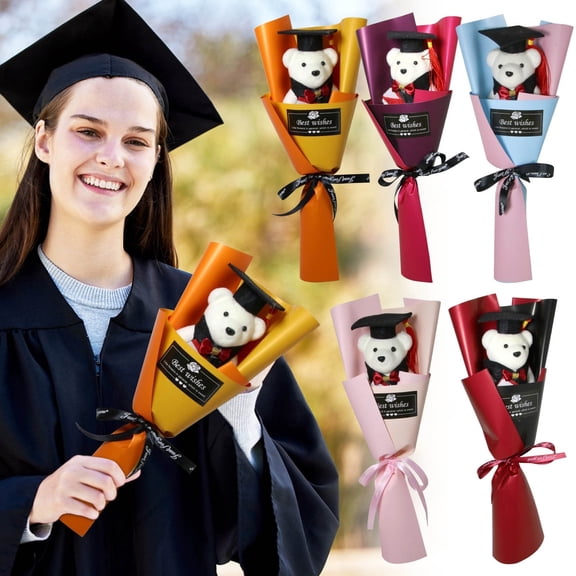 Graduation Bear Bouquet with Foam Flowers, Cute Doctoral Teddy Bear Gift for Grads, Friends, Schoolmates, Desk Decor Keepsake