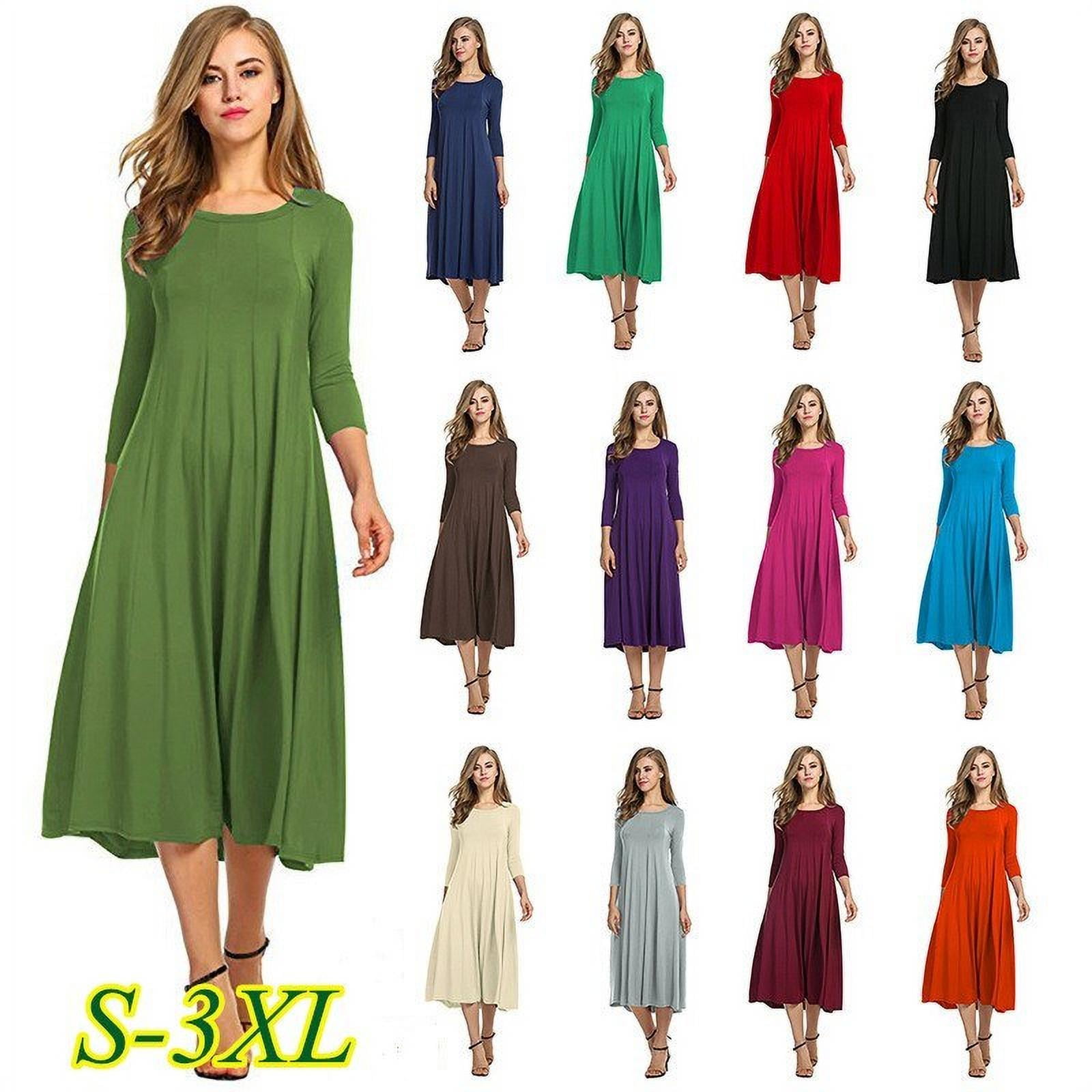 Women Spring Vintage Soild Midi Dress 