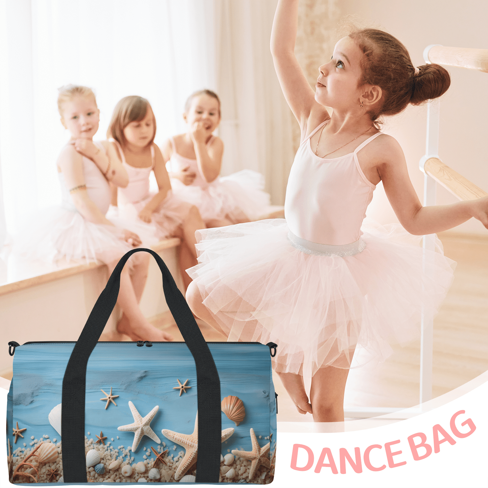 Herdesigns Blue Ocean Starfish Seashell Travel Duffle Bag Sports Yoga Weekender Overnight Carry on Workout Bags Lightweight Waterproof Gym Tote Bag for Women