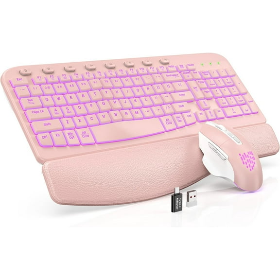 Ergonomic Wireless Keyboard and Mouse Combo -  Resistant Keys, RGB Backlit Rechargeable Set for PC/Mac/Chromebook (Pink)