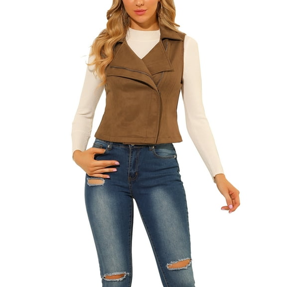 INSPIRE CHIC Women's Casual Faux Suede Sleeveless Short Biker Vest Jacket M Camel