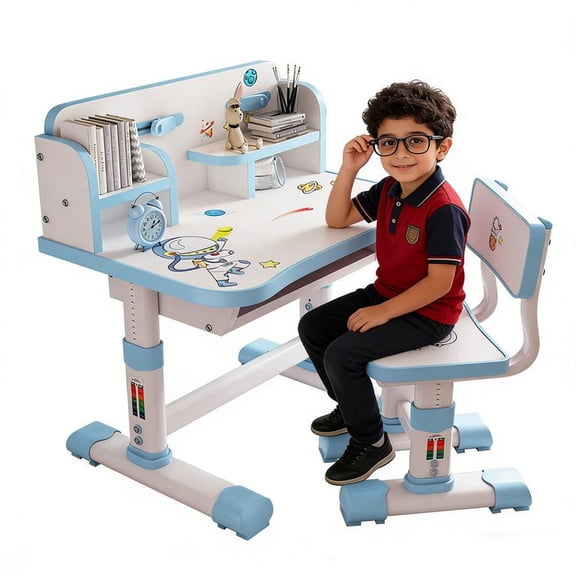 Floseru Kids Functional Desk and Chair Set, Height Adjustable Children School Study Table Chair, Large Writing Board Widened Desktop Book Bucket Bookshelf, Study Furniture Gift Ages 3-18