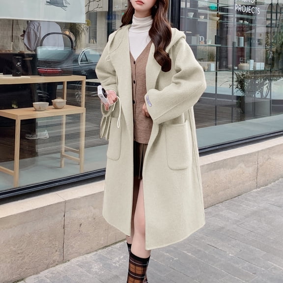 Women's Mid-Length Hooded Coat, Toggle Button Wool Blend Jacket, Casual Fall Winter Coat, Oversized Pocket Trench, Elegant Loose Fit Outerwear Beige L