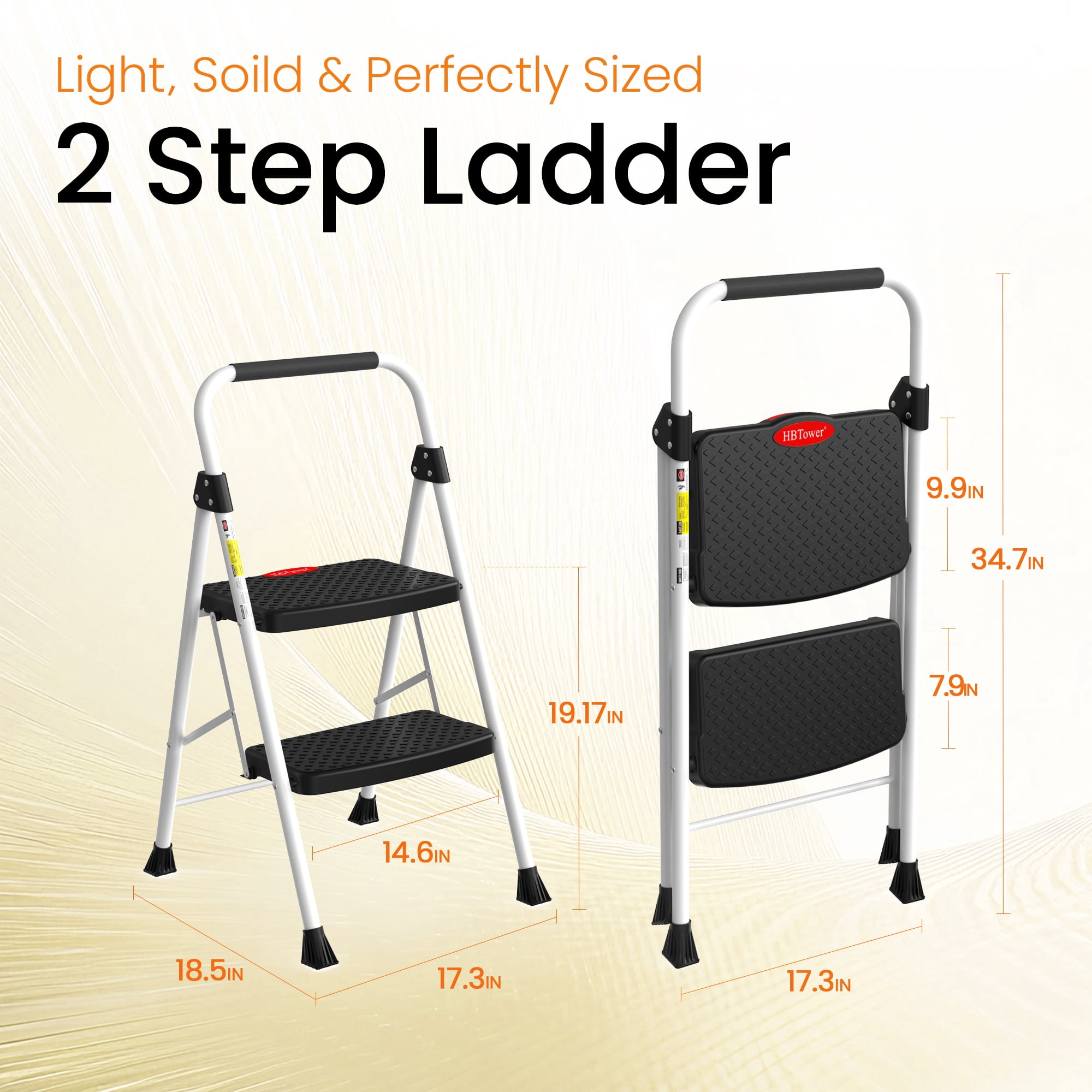 HBTower 2 Step Folding Ladder, Household Step Stool with Snap-Lock Design, 330 lbs Capacity, Lightweight Sturdy Steel, White
