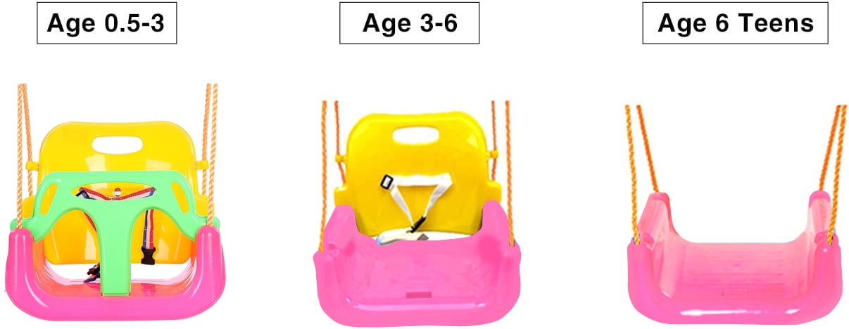 JBeeCtrl 3-in-1 Baby Swing Sets with Hanging Strap and Hooks for Outside Toddler Swing Anti-Flip Snug & Secure Detachable Infants to Kids Swing Seat for Indoor/Outdoor Playset（Pink）