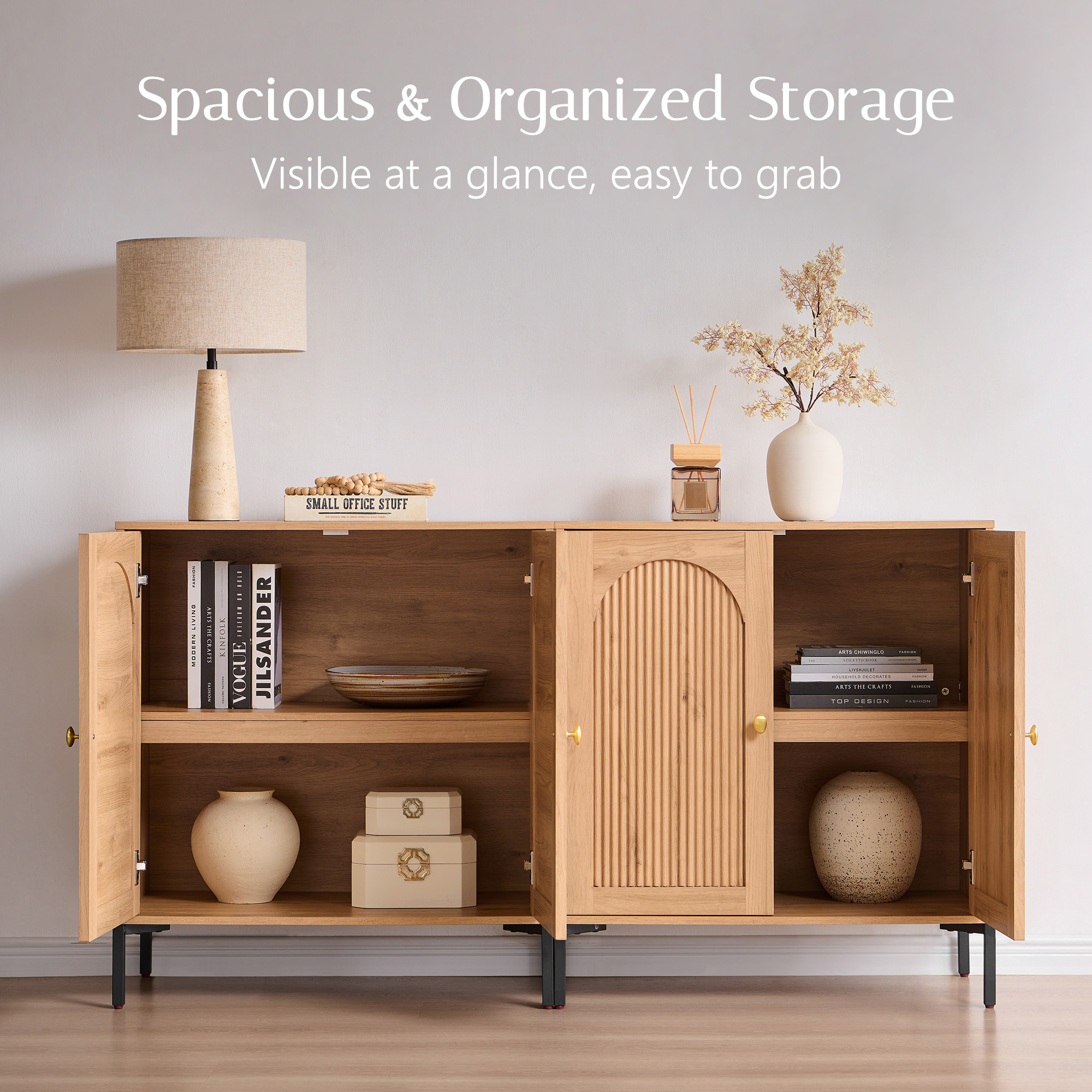 Aitjunz 65" Modern TV Stand with Arched Shelves, Off-White photo 5