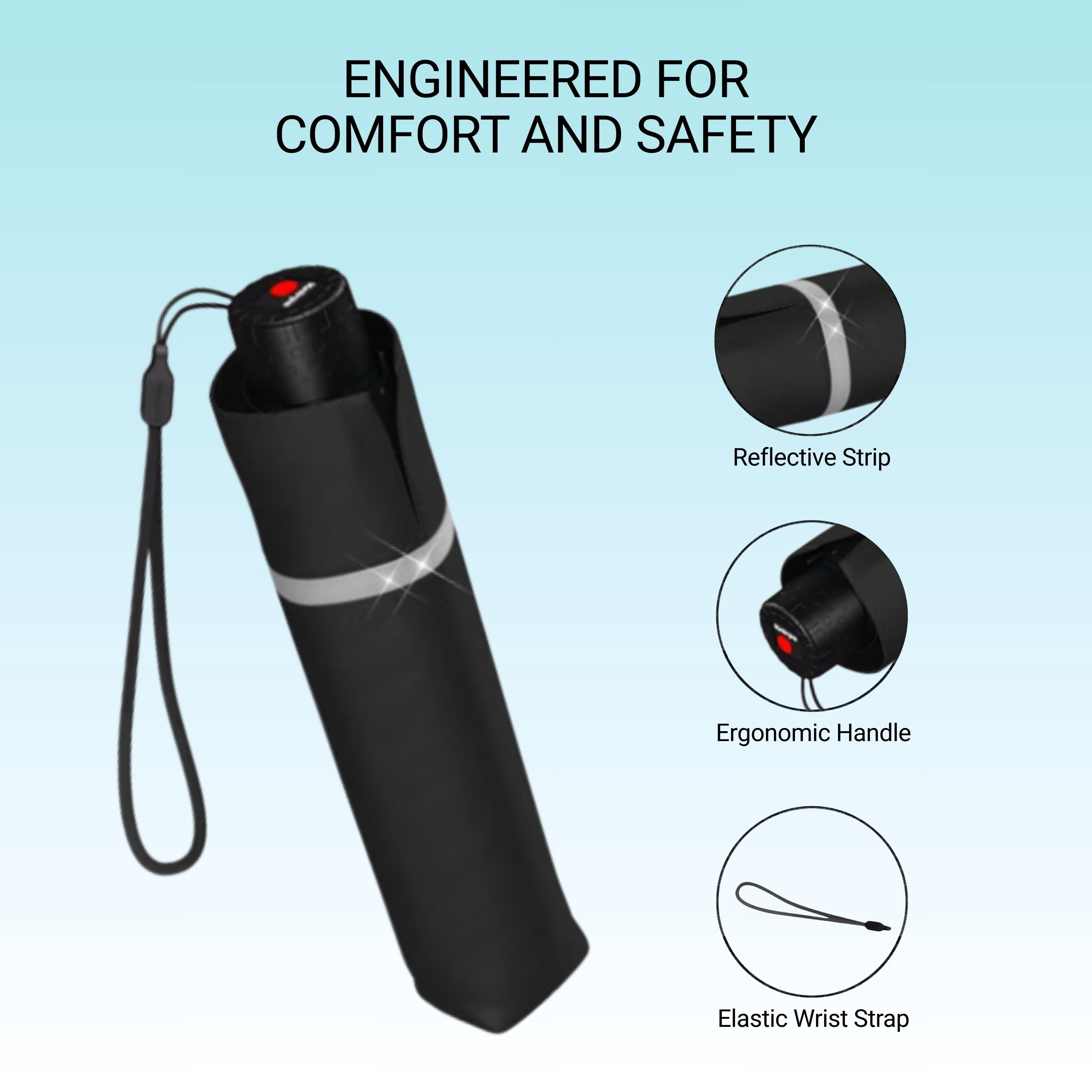Knirps Black Rookie Manual Rain Umbrella for Elementary and Middle School Kids – 35.4" Canopy with Reflective Safety Stripe, Lightweight Design, Wind Tunnel Tested, Carrying Case Included
