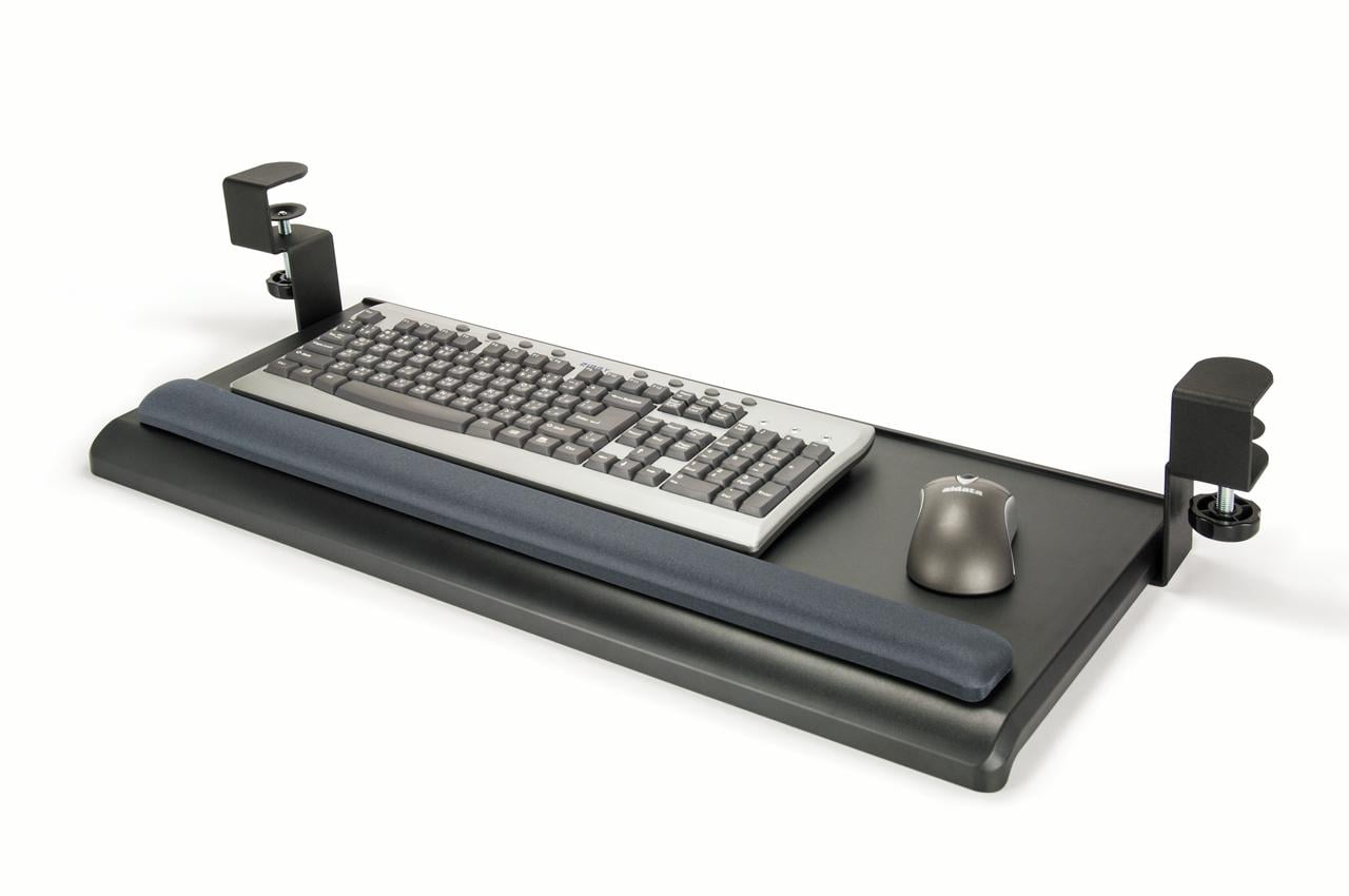 Extra-Wide Desk Clamp Keyboard Tray / Large keyboard surface 27.5" x 12.2" / Sturdy metal clamp fits desk thickness of 1.5" / Smooth sliding rail design for easy access / Includes Gel Wrist Rest