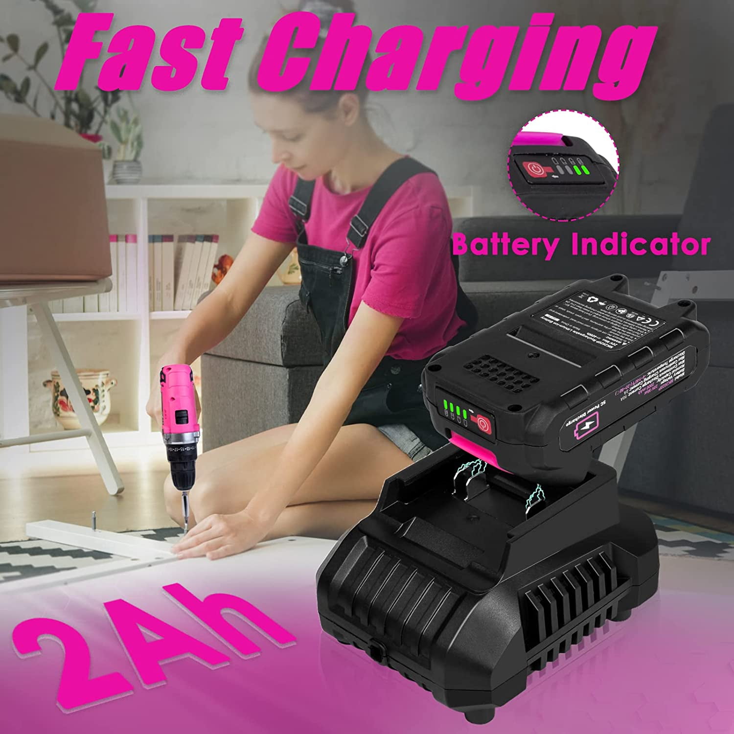 Pink Powderstool 20V Cordless Drill Set 175-Piece Pink Power Tool Kit For Women - 20V ...