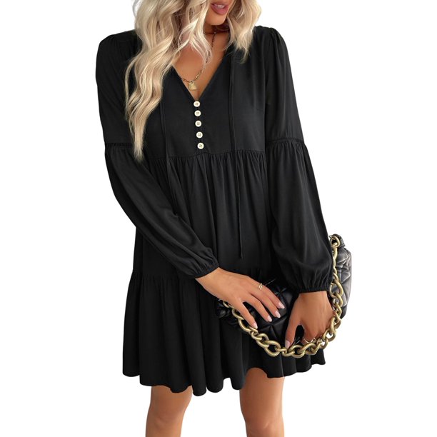 Vestidos Cortos de Larga para Mujer, Cuello en V, Informales, Holgados, con Vuelo, con , Estilo Bohemio para Vacaciones, para Otoño Negro XL