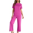 thumbnail image 2 of PRINxy Women's Daily Athletic 2 Piece Outfit Pleated Short Sleeve Top and Drawstring Pocket Pants Solid Leisure Sportswear Hot Pink L, 2 of 9