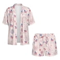 thumbnail image 4 of Xoenoiee Pink American Flag Firework Print Women's Hawaiian Beach Outfit 4th of July 2 Piece Short Sleeve Swim Cover Up Shorts Set Summer Open Front Kimono Cardigan Vacation Beachwear, S, 4 of 7