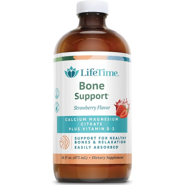 Lifetime Calcium Magnesium Citrate w/ Vitamin D-3 | Bone & Muscle Support | Easy Absorption, Dairy & No Gluten | Strawberry | 16 FL oz