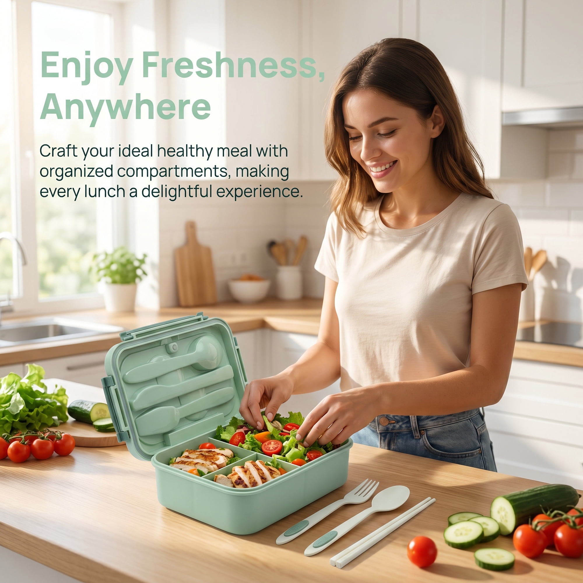 Unique Bargains 3-Compartment Leak-Proof  Lunch Bento Box with Utensils Mint Green-1