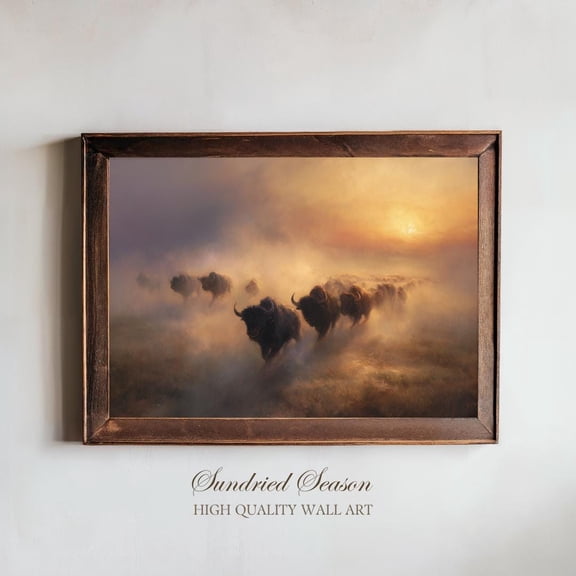 Buffalo Stampede Sunrise Print, Atmospheric Prairie Bison Herd Wall Art, Dramatic Western Decor For Living Room Or Office UNFRAMED Poster, Wall Art for Decor, Present, 8x12