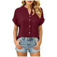 thumbnail image 2 of Sheghy Women Tops Cotton Solid Crew Neck Shirt, Button Front Short Sleeve Top with Side Pockets Blouse, 2 of 7