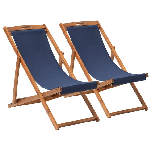YRLLENSDAN Beach Chair, Patio Lounge Chair 2 Set Beach Recliner Chair Set Outdoor Folding Portable Reclining Chairs Adjustable Lounge Chair with Solid Wood Frame(Blue)