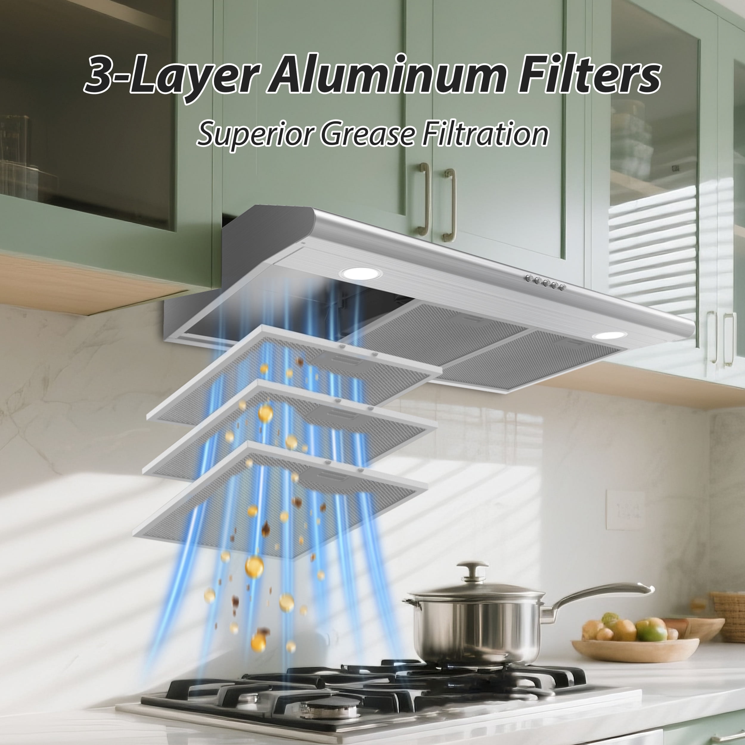FIREGAS 36 Inch Under Cabinet Range Hood, 3 Speed, 200 CFM Ducted/Ductless Kitchen Hood, LED Lights
