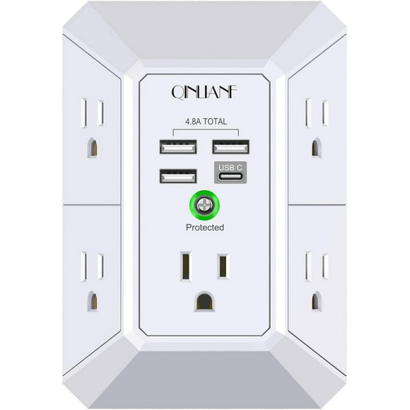Wall Charger and Surge Protector, 5-Outlet Extender with 4 USB Charging Ports (4.8A Total), 3-Sided Power Strip with 1680J Surge Protection