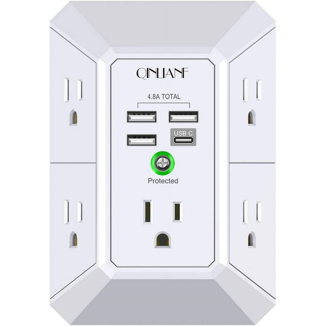 Wall Charger and Surge Protector, 5-Outlet Extender with 4 USB Charging Ports (4.8A Total), 3-Sided Power Strip with 1680J Surge Protection
