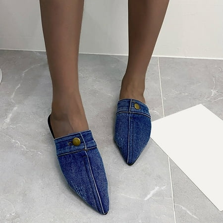 

Cathalem Casual Womens Shoes Leather Ladies Fashion Solid Color Denim Half Slippers Pointed Toe Casual Womens Shoes Jean Look Blue 8