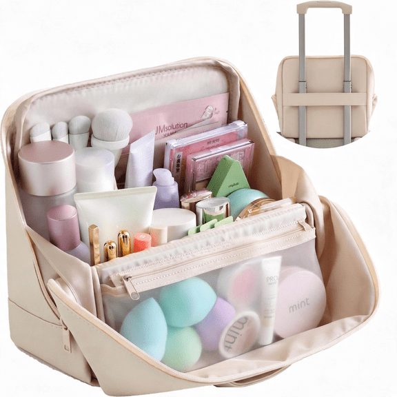 X-Large Travel Makeup Bag with Magnetic Fold Down Flap, Waterproof Leather Cosmetic and Toiletry Organizer for Women, White