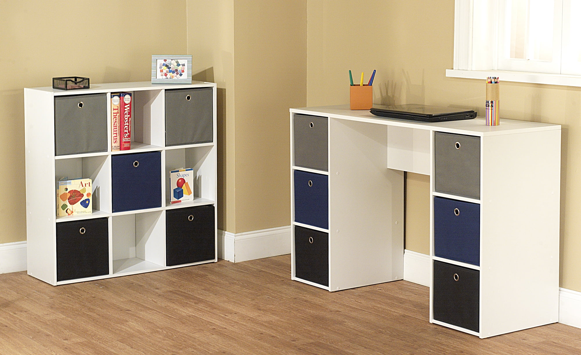 TMS Utility Kids Wood Bookshelf with 5 Foldable Fabric Storage Bins, Multi-color