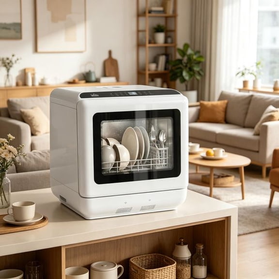 Countertop Dishwasher with 5 Wash Cycles, 1.6 Gallon Water Tank, 950W Portable Compact Dish Washer, High Temperature Cleaning, LED Display, Delay Start Timer, White, 17.7 x 17.3 x 18.0 Inches