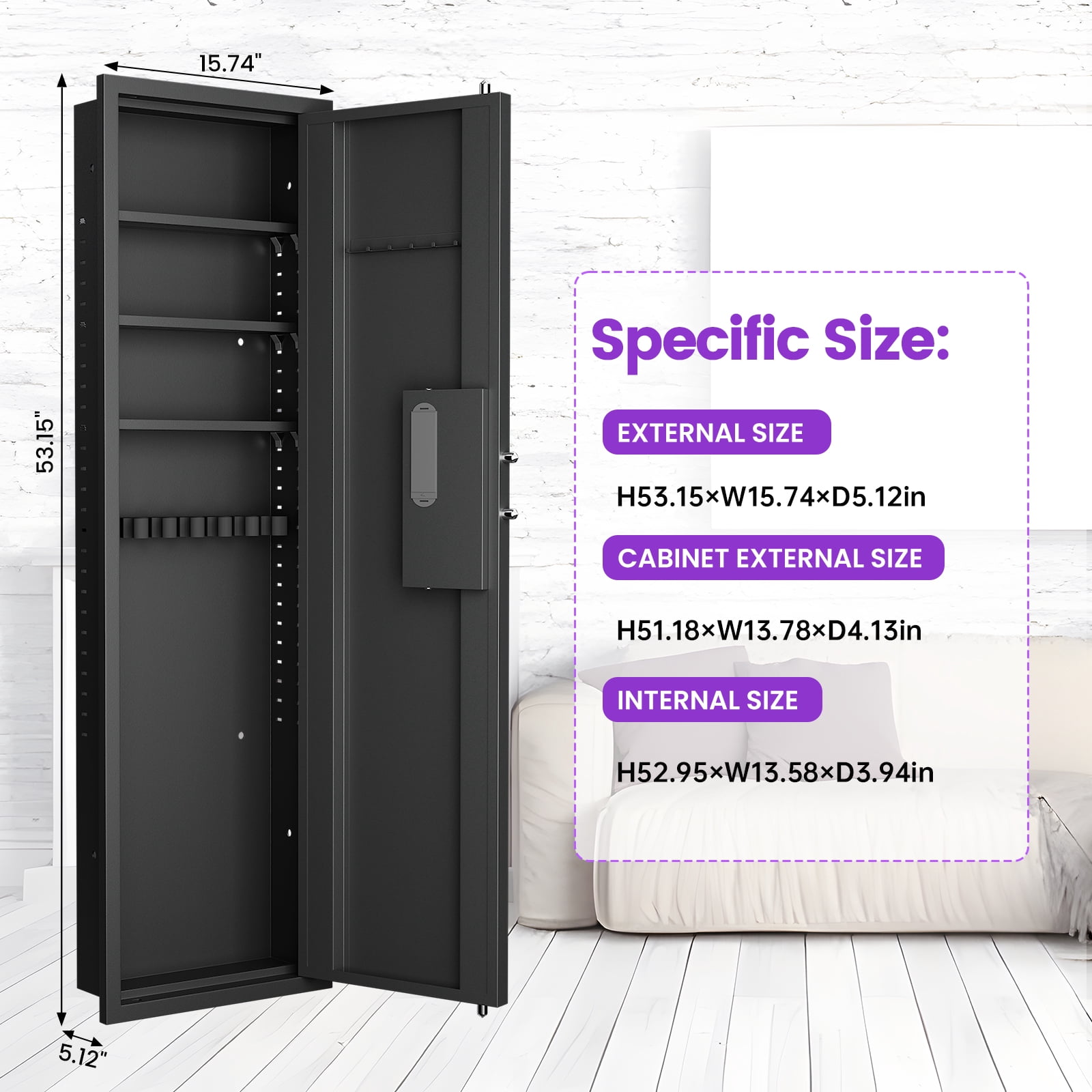 Silkight 53.15" Wall Safe Between the Studs, Hidden Safe with Dual Alarm System and Silent Mode, Wall Gun Safe with 3 Adjustable Shelves and Magnetic Slot