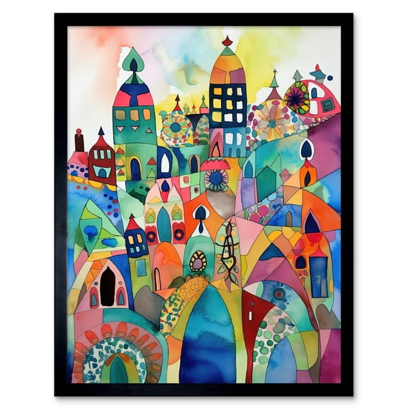 Cityscape Abstract Folk Art Vibrant Multicoloured Watercolour Painting Art Print Framed Poster Wall Decor 12x16 inch