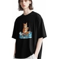 thumbnail image 3 of Camisetas de manga corta con cuello redondo para hombre con diseño de gato surfeando en el océano, 3 of 8