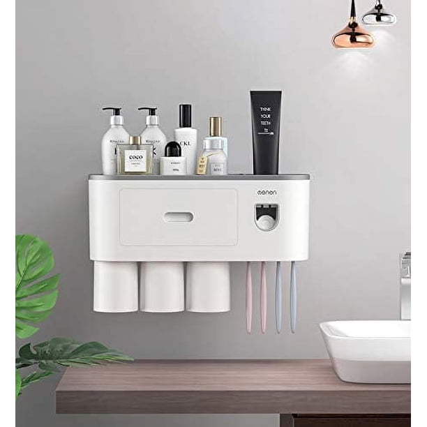 Dispensador automático de pasta de dientes, kit exprimidor montado en la pared con soporte para cepillos de dientes, 4 ranuras para cepillos de dientes, organizador multifunción para cepillos de dient
