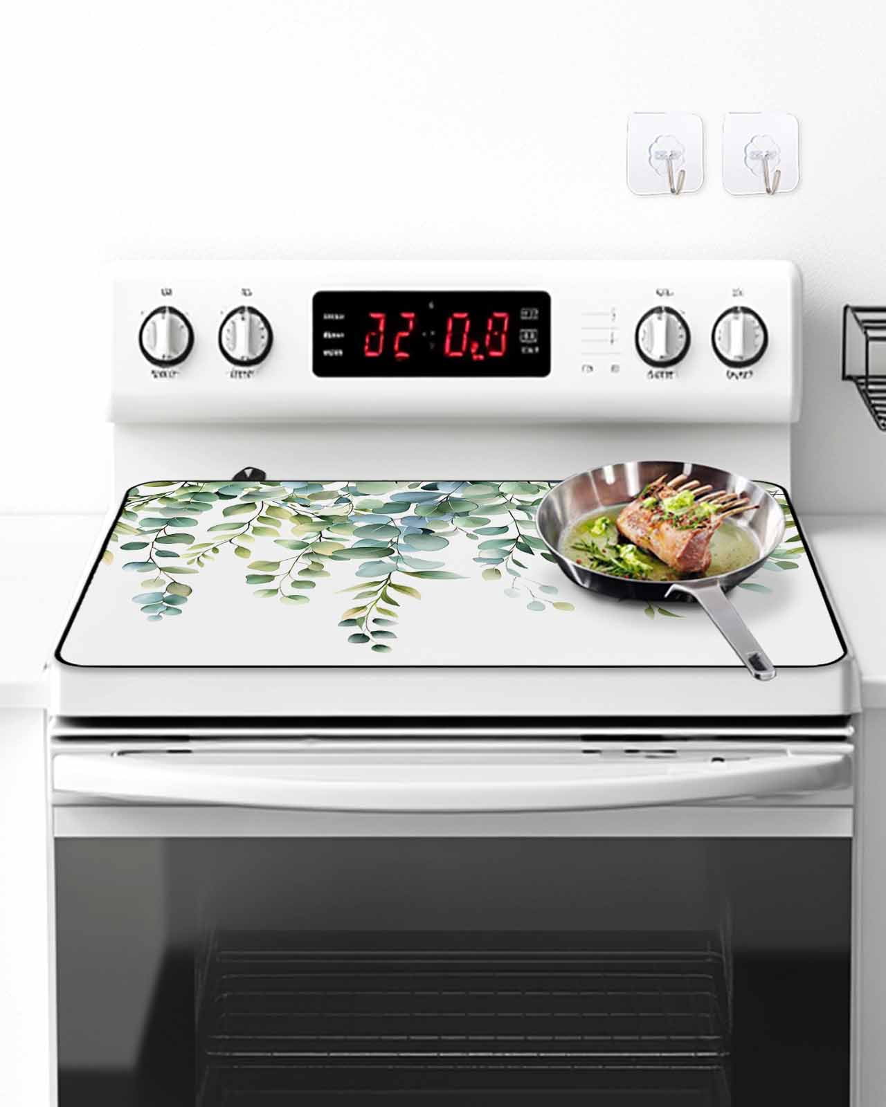 Stove Top Covers for Electric Stove, Eucalyptus Green Glass Stovetop Cover Protector, Gradient Leaves Retro Watercolor Plant Induction Cooktop Protector Oven Mat for Kitchen Countertop 24"x21"