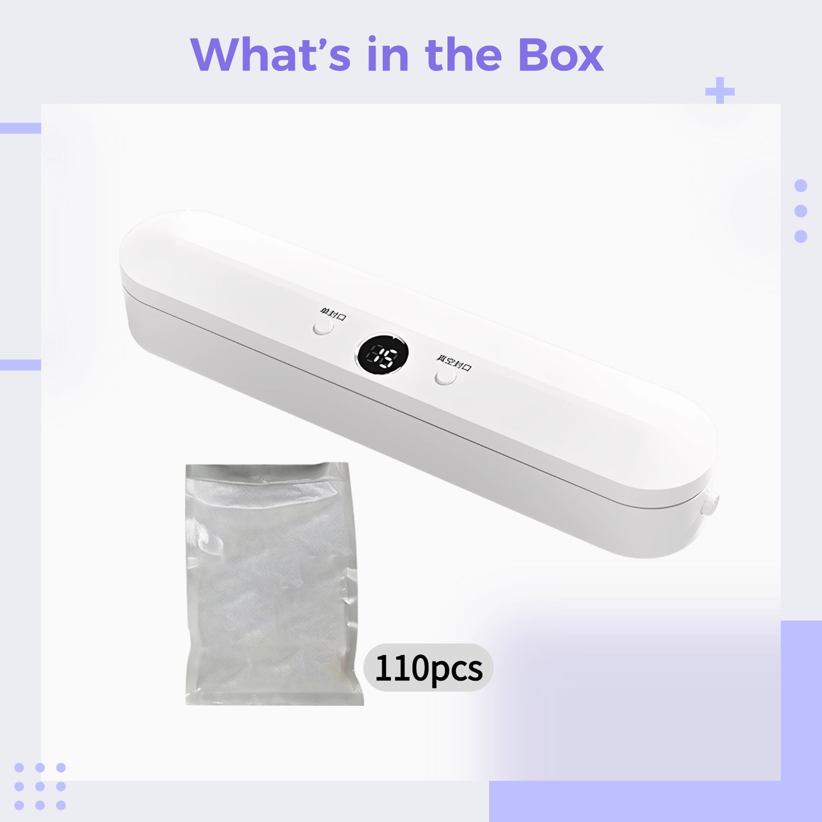 Compact Food Vacuum Sealer for Food Preservation, Automatic Vacuum Sealer for Plastic Bags, Including 110 Sealing Bags, One-Button Operation, 60Kpa Vacuum, Keeps Food Fresh for Longer