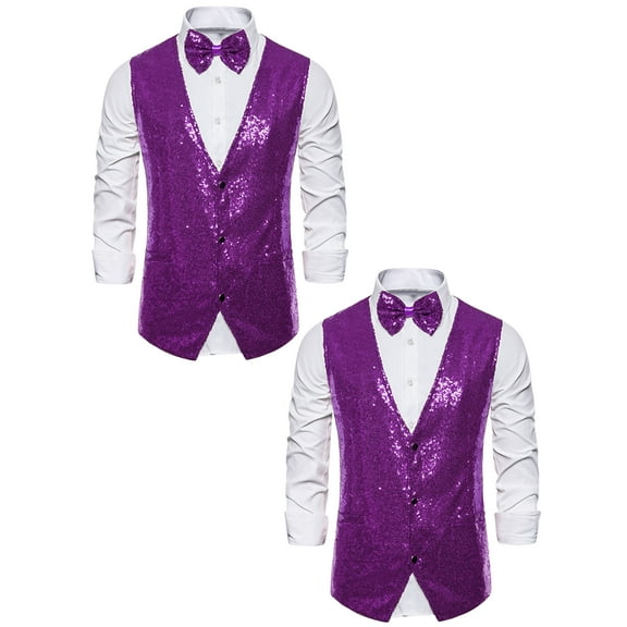 NOMADIC NOOK Men's Disco Shiny Sequin Sleeveless Suit Waistcoat Set with Bow Tie 2 Packs