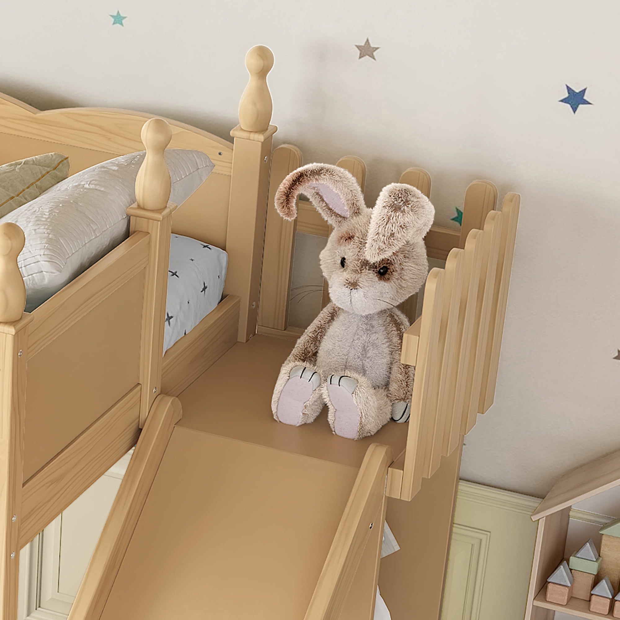 Leumius Twin Loft Bed Frame with Storage Shelves and Wardrobe, Solid Wood Loft Bed with Detachable Slide and Ladders for Kids Teens Adults Natural