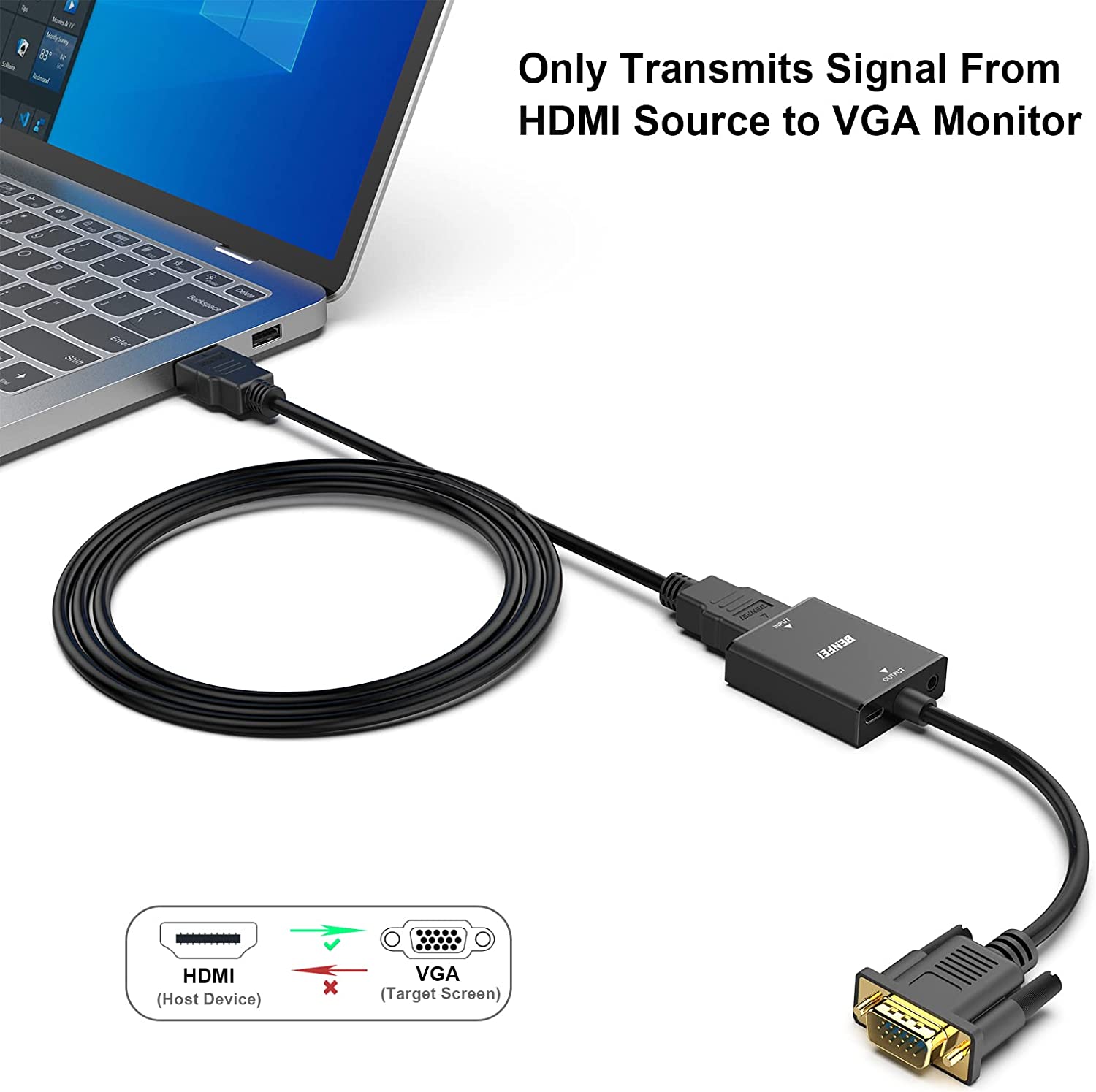 BENFEI HDMI to VGA, Uni-Directional HDMI Computer to VGA Monitor Adapter (Female to Male) with 3.5mm Audio Jack Compatible with TV Stick, Computer, Desktop, Laptop, PC, Monitor, Projector, Roku, Xbox