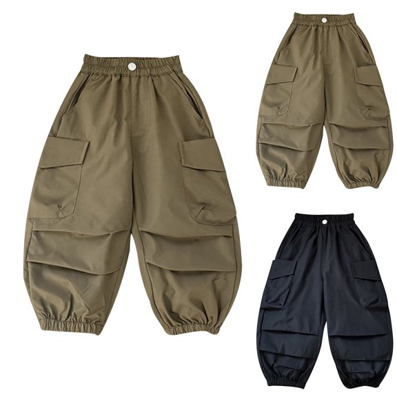 Umfun Girls Pants Kids Cargo Jogger Pants Elastic Waist Button Detail Loose Fit Utility Trousers with Pockets for School and Daily Outdoor Play